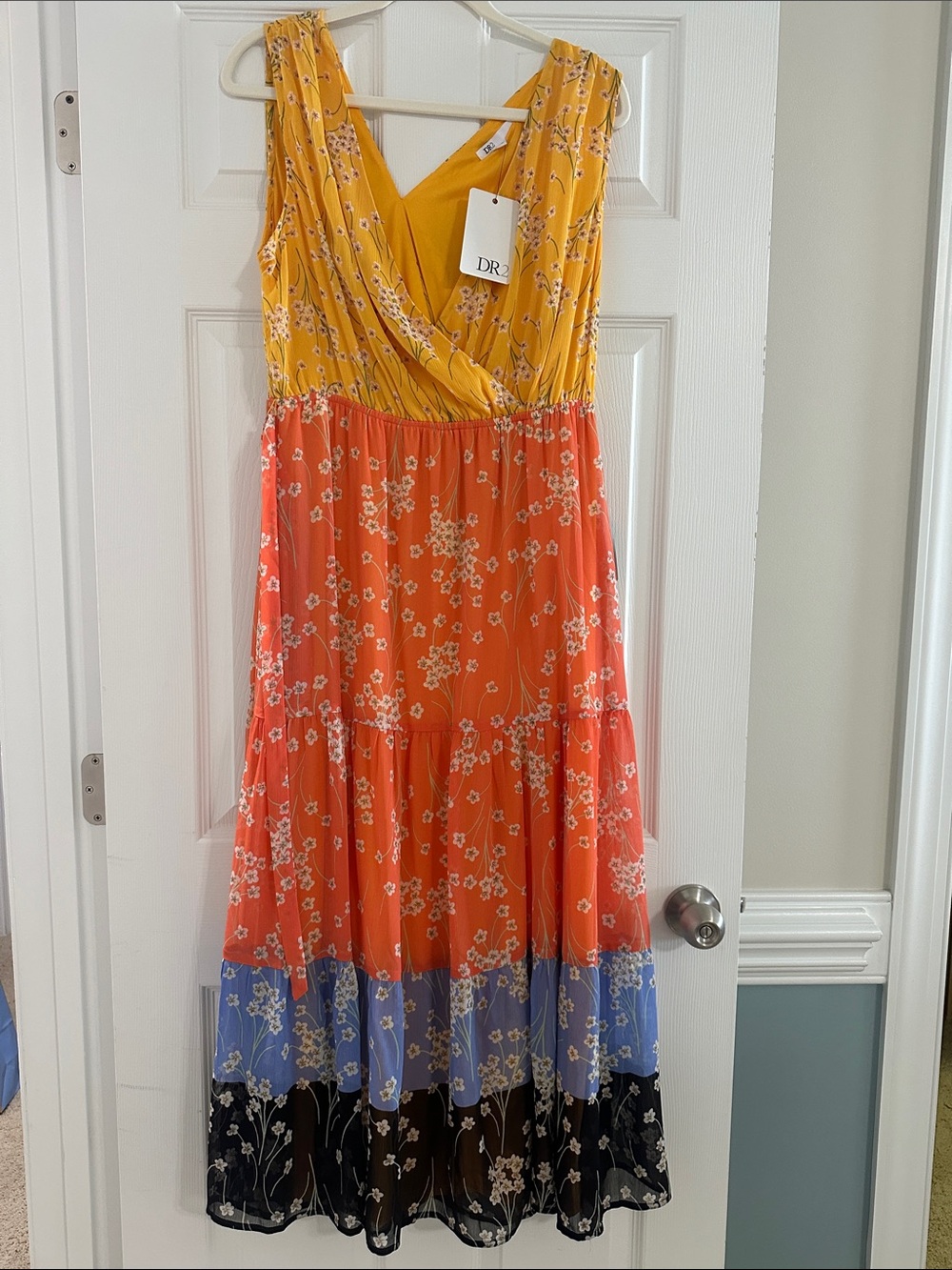 DR2 Colorblock Floral Tiered Maxi Dress - Yellow, Coral, Blue, Black